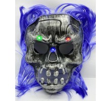Mor Saçlı Led Işıklı Kuru Kafa İskelet Korku Maskesi 22x25 cm
