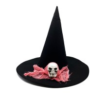 Siyah Renk Pembe Duvaklı Kuru Kafa Temalı Cadı Şapkası 35x38 cm