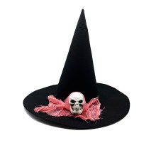 Siyah Renk Pembe Duvaklı Kuru Kafa Temalı Cadı Şapkası 35x38 cm