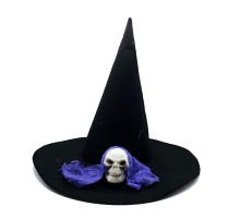 Siyah Renk Mavi Duvaklı Kuru Kafa Temalı Cadı Şapkası 35x38 cm