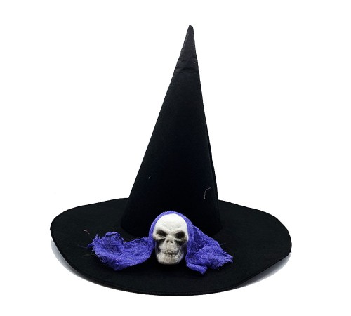 toptan-xml-dropshipping-Siyah Renk Mavi Duvaklı Kuru Kafa Temalı Cadı Şapkası 35x38 cm