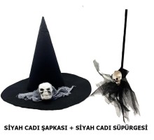 Cadı Şapkası Kuru Kafa Temalı + Cadı Süpürgesi Kuru Kafa Temalı - 2 li Set