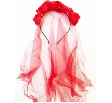 Kırmızı Renk Güllü Kırmızı Duvaklı Halloween Partisi Ürpertici Taç