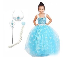 Karlar Ülkesi Elsa Frozen Kostümü + Tacı + Asası + Saçı Full Set 9-11 Yaş