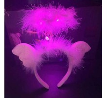 Pembe Kanatlı Pembe Tüylü Led Işıklı 3 Fonksiyonlu Melek Hare Taç 20x25 cm