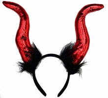 Kırmızı Renk Mega Boy Siyah Tüylü Saten Kaplama Boynuzlu Malefiz Tacı 30x28 cm