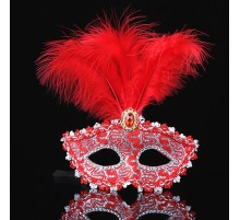 Kırmızı Dantel İşlemeli Kırmızı Tüylü Balo Parti Maskesi 17x20 cm