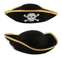 Altın Şeritli Siyah Renk Yayvan Korsan Şapkası Yetişkin 32x24 cm