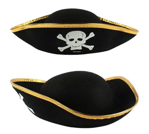 toptan-xml-dropshipping-Altın Şeritli Siyah Renk Yayvan Korsan Şapkası Yetişkin 32x24 cm