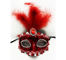 Kırmızı Renk Payetli Pullu Tüylü Parti Maskesi 17x20 cm