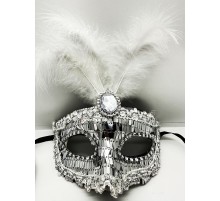 Gümüş Renk Payetli Pullu Tüylü Parti Maskesi 17x20 cm
