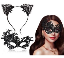 Siyah Renk Dantel Maske ve Dantel Taç Seti Yetişkin Boy No 5