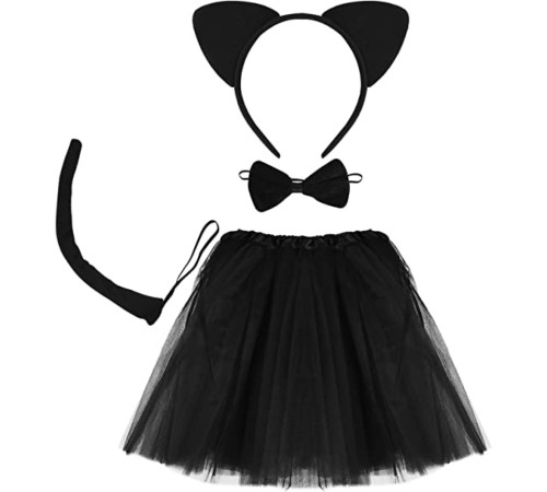 toptan-xml-dropshipping-Kedi Eteği Tacı Kuyruğu ve Papyon Seti Siyah Renk Çocuk Boy