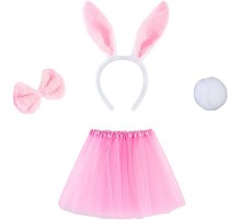 Tavşan Tacı Eteği Papyonu ve Kuyruk Kostüm  Seti Pembe Renk Çocuk Boy