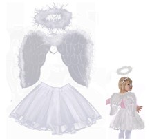 Çocuk Peri Kostümü Beyaz - Peri Kanadı Eteği Tacı 3 Parça Kostüm Set