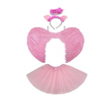 Çocuk Melek Kostümü Pembe - Melek Kanadı Eteği Işıklı Tacı 3 Parça Kostüm Seti