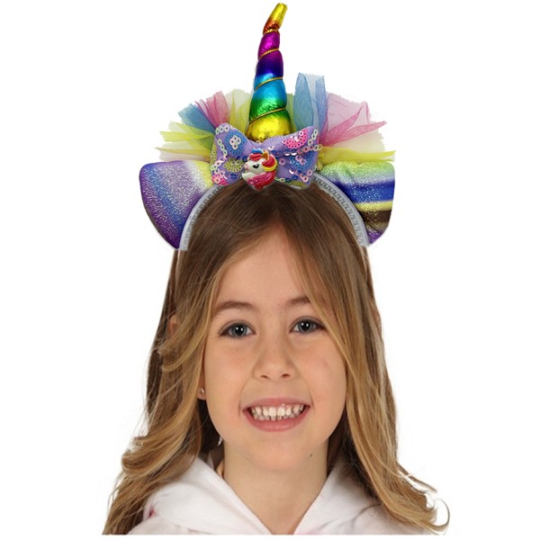 Rengarenk Boynuzlu Payetli Fiyonklu Unicorn Tacı 17x27 cm