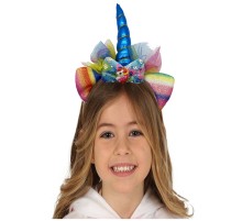 Mavi Renk Boynuzlu Payetli Fiyonklu Unicorn Tacı 17x27 cm