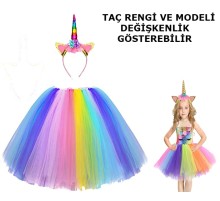 Unicorn Tütü Etek ve Taç Seti - Unicorn Kostüm Seti Çocuk Boy