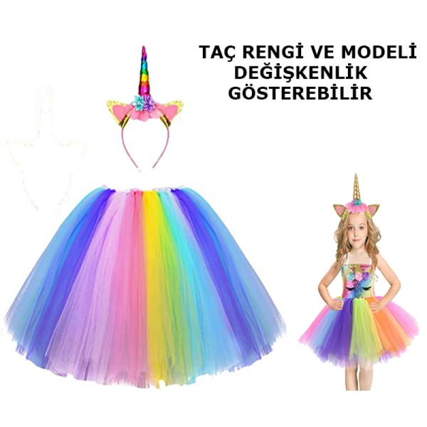 toptan-xml-dropshipping-Unicorn Tütü Etek ve Taç Seti - Unicorn Kostüm Seti Çocuk Boy