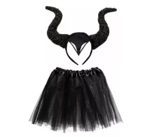 Siyah Renk Motif İşlemeli Malefiz Tacı ve Etek Seti Çocuk Boy