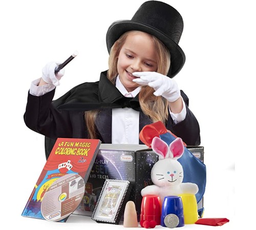 toptan-xml-dropshipping-Çocuk Boy Siyah Sihirbaz Pelerini Siyah Sihirbaz Şapkası ve 7 Parça Sihirbazlık Oyunları