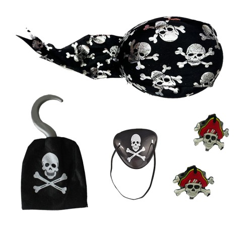 toptan-xml-dropshipping-Kuru Kafa Baskılı Tas Korsan Şapkası Kancası Göz Maskesi ve 2 Adet Yüzük Korsan Partisi Seti Çocuk Boy