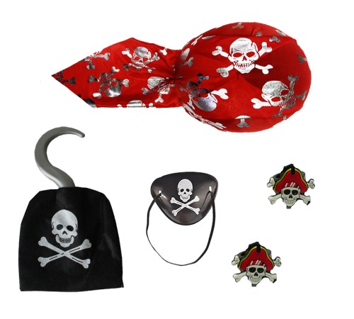 toptan-xml-dropshipping-Kuru Kafa Baskılı Tas Korsan Şapkası Kancası Göz Maskesi ve 2 Adet Yüzük Korsan Parti Seti Çocuk Boy
