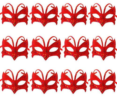 toptan-xml-dropshipping-Kırmızı Renk Arkadan Bağlamalı Simli Parti Balo Maskesi 12 Adet