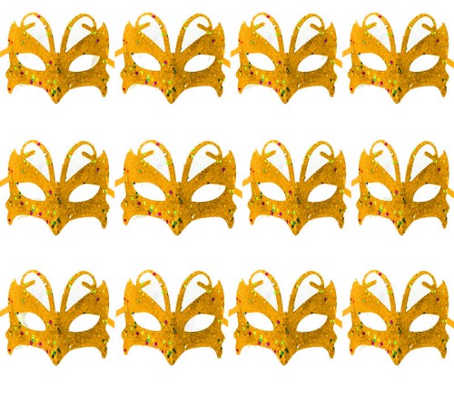 toptan-xml-dropshipping-Altın Gold Renk Arkadan Bağlamalı Simli Parti Balo Maskesi 12 Adet