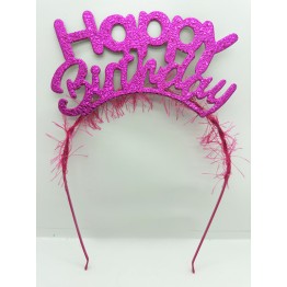 Happy Birthday İtalik Yazılı Fuşya Renk Metal Doğum Günü Tacı