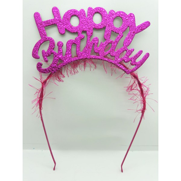 toptan-xml-dropshipping-Happy Birthday İtalik Yazılı Fuşya Renk Metal Doğum Günü Tacı