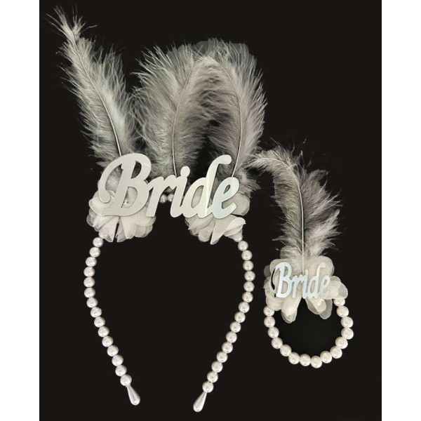 toptan-xml-dropshipping-Beyaz İncili Gerçek Otriş Tüylü Pleksili Bride Yazılı Gelin Tacı ve Bride Yazılı Gelin Bilekliği Gümüş Renk