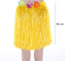 Yetişkin ve Çocuk Uyumlu Sarı Renk Püsküllü Hawaii Luau Hula Etek 50 cm