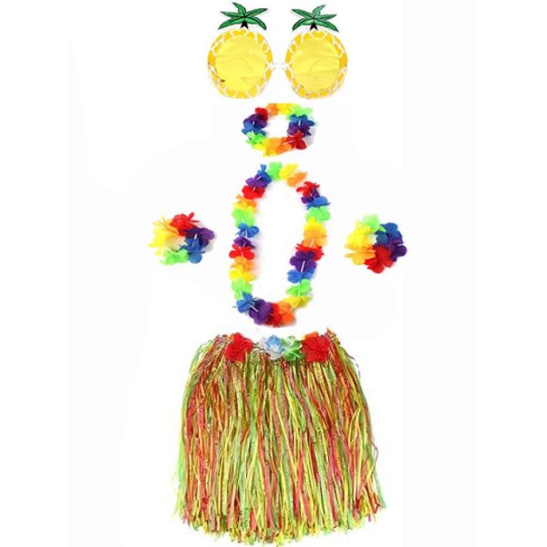 toptan-xml-dropshipping-Yetişkin ve Çocuk Uyumlu Luau Aloha Hawaii Rengarenk 40 cm Etek Ananas Şekilli Gözlük Hawaii Kolye Renkli Taç ve 2 Adet Bileklik Seti