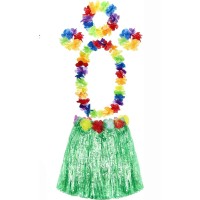 Yetişkin ve Çocuk Uyumlu Luau Aloha Hawaii Yeşil Etek ve Renkli Kolye Taç 2 Adet Bileklik Seti