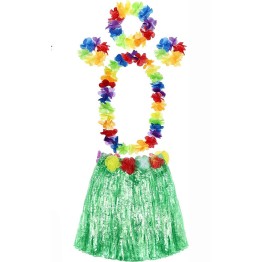 Yetişkin ve Çocuk Uyumlu Luau Aloha Hawaii Yeşil Etek ve Renkli Kolye Taç 2 Adet Bileklik Seti