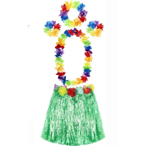 toptan-xml-dropshipping-Yetişkin ve Çocuk Uyumlu Luau Aloha Hawaii Yeşil Etek ve Renkli Kolye Taç 2 Adet Bileklik Seti