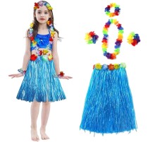 Yetişkin ve Çocuk Uyumlu Hawaii Luau Aloha Mavi Püsküllü Etek Kolye Taç ve 2 Adet Bileklik Seti