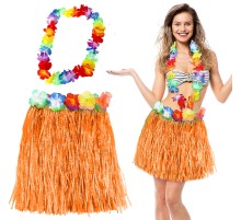Hawaii Luau Aloha Turuncu Püsküllü 40 cm Etek ve Hawaii Kolye Seti
