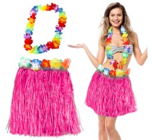 Hawaii Luau Aloha Pembe Püsküllü 40 cm Etek ve Hawaii Kolye Seti
