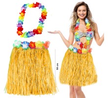 Hawaii Luau Aloha Sarı Püsküllü 50 cm Etek ve Hawaii Kolye Seti