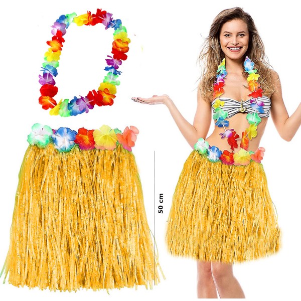 toptan-xml-dropshipping-Hawaii Luau Aloha Sarı Püsküllü 50 cm Etek ve Hawaii Kolye Seti