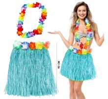 Hawaii Luau Aloha Mavi Püsküllü 40 cm Etek ve Hawaii Kolye Seti