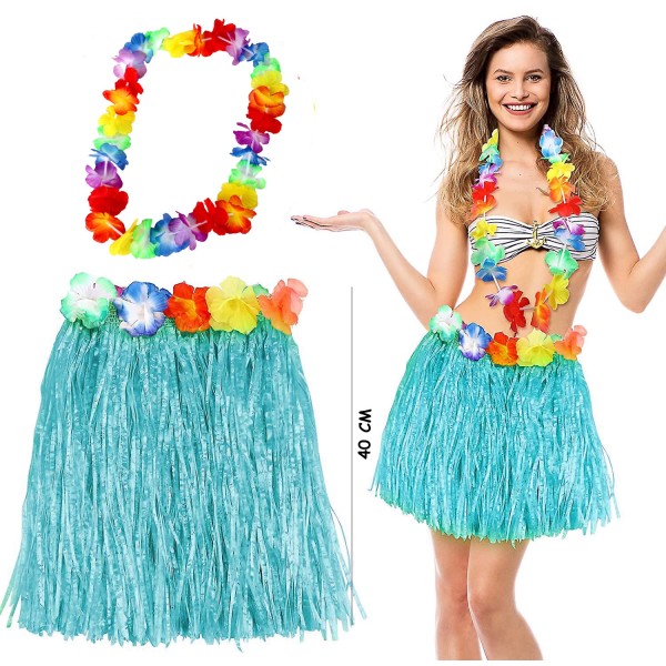 toptan-xml-dropshipping-Hawaii Luau Aloha Mavi Püsküllü 40 cm Etek ve Hawaii Kolye Seti