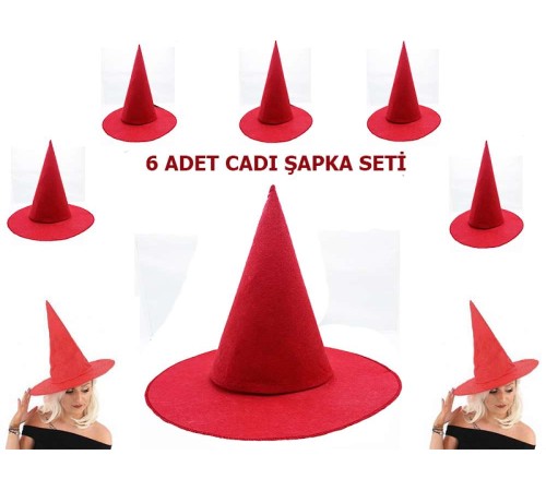 Kırmızı Renk Keçe Cadı Şapkası Yetişkin Çocuk Uyumlu 6 Adet