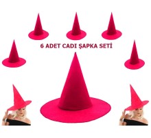 Pembe Fuşya Renk Keçe Cadı Şapkası Yetişkin Çocuk Uyumlu 6 Adet