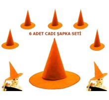 Turuncu Renk Keçe Cadı Şapkası Yetişkin Çocuk Uyumlu 6 Adet