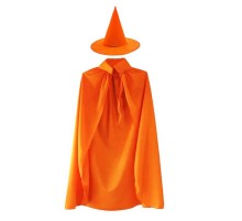 Yetişkin Boy 120 cm Turuncu Yakalı Pelerin ve Turuncu Cadı Şapkası