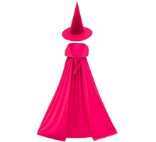 Yetişkin Boy 120 cm Fuşya Pembe Yakalı Pelerin ve Fuşya Cadı Şapkası